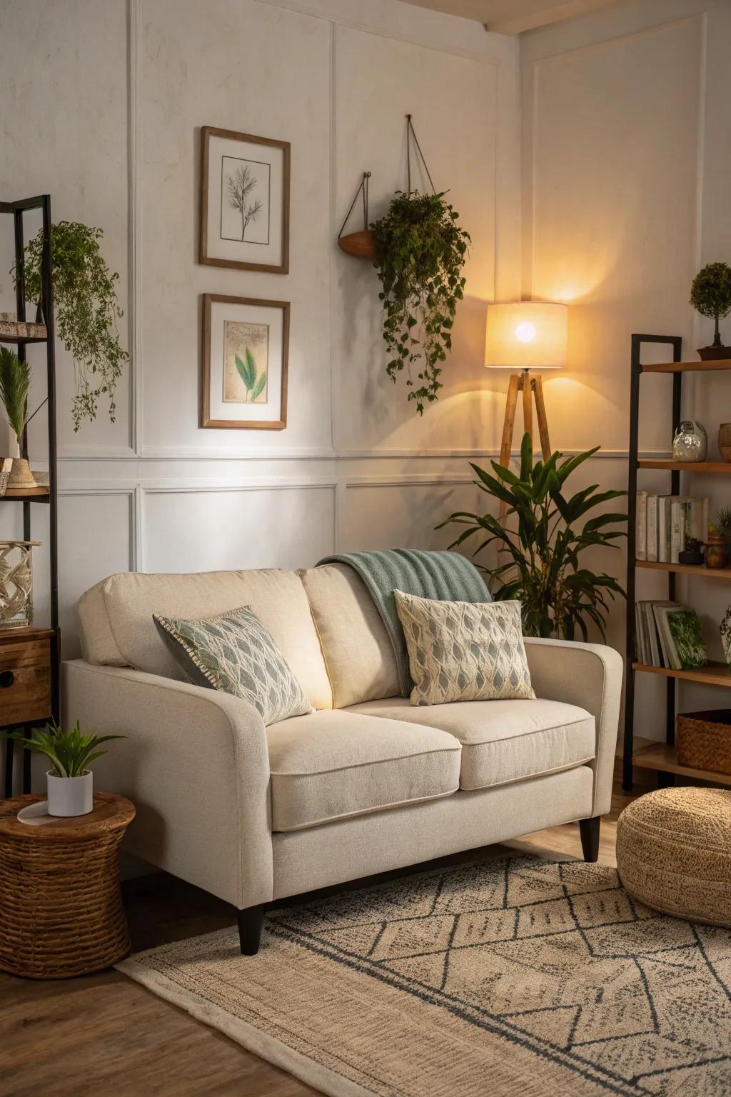 A petite living area showcasing a stylish, small-scale settee in subdued hues.