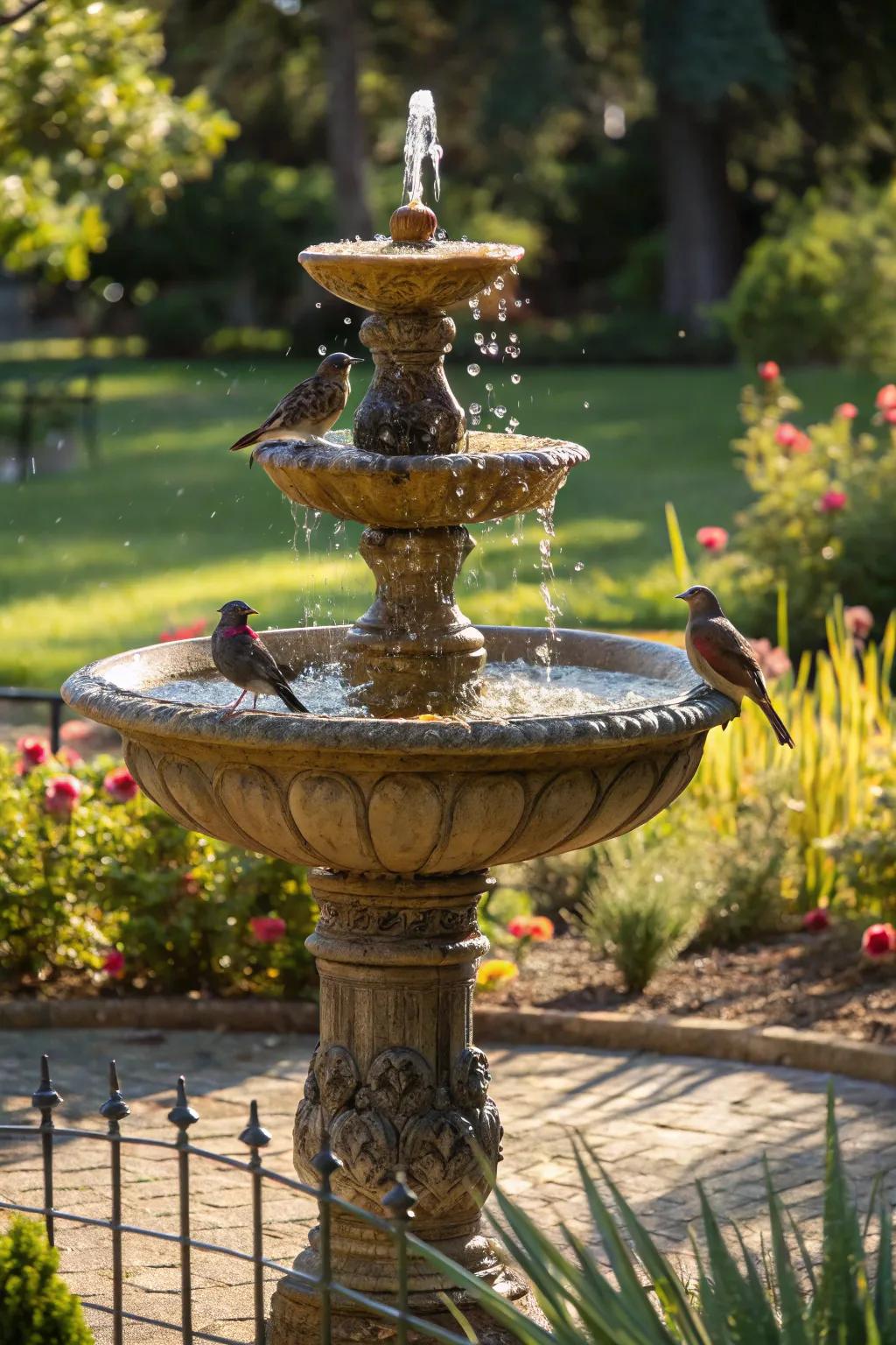 A classic birdbath changed into a sun-powered fountain, attracting birds.