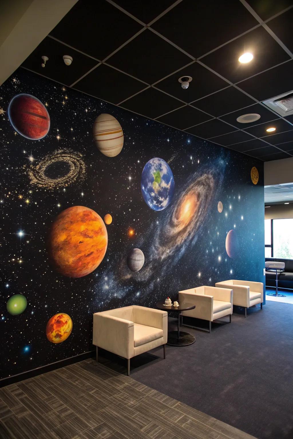 A planetary wall covering delivers an immersive celestial adventure.