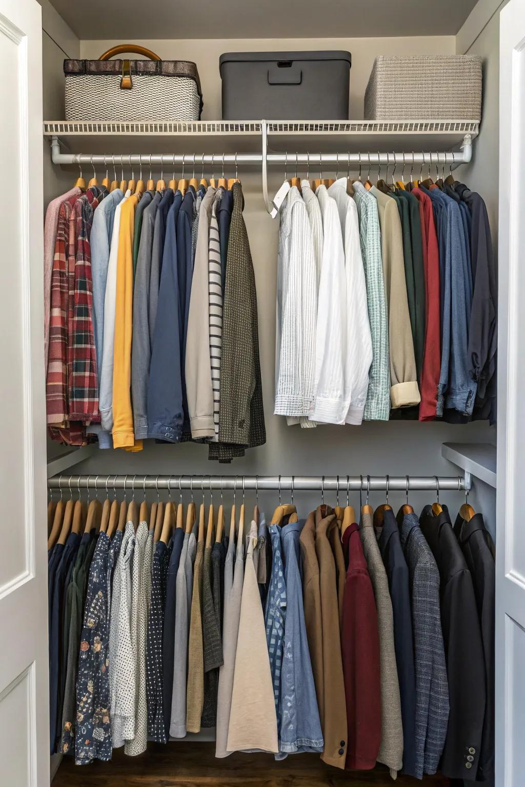 Tiered rods enable the efficient use of vertical space, effectively doubling your hanging capacity.