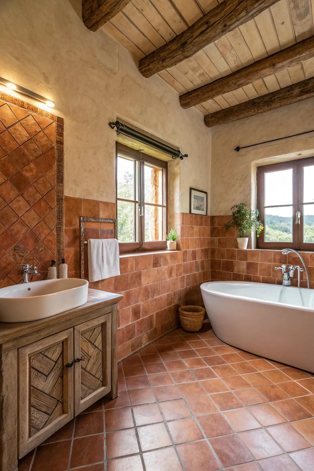 Warm terracotta shades fashion a snug foundation for a stunning Spanish bathroom theme.