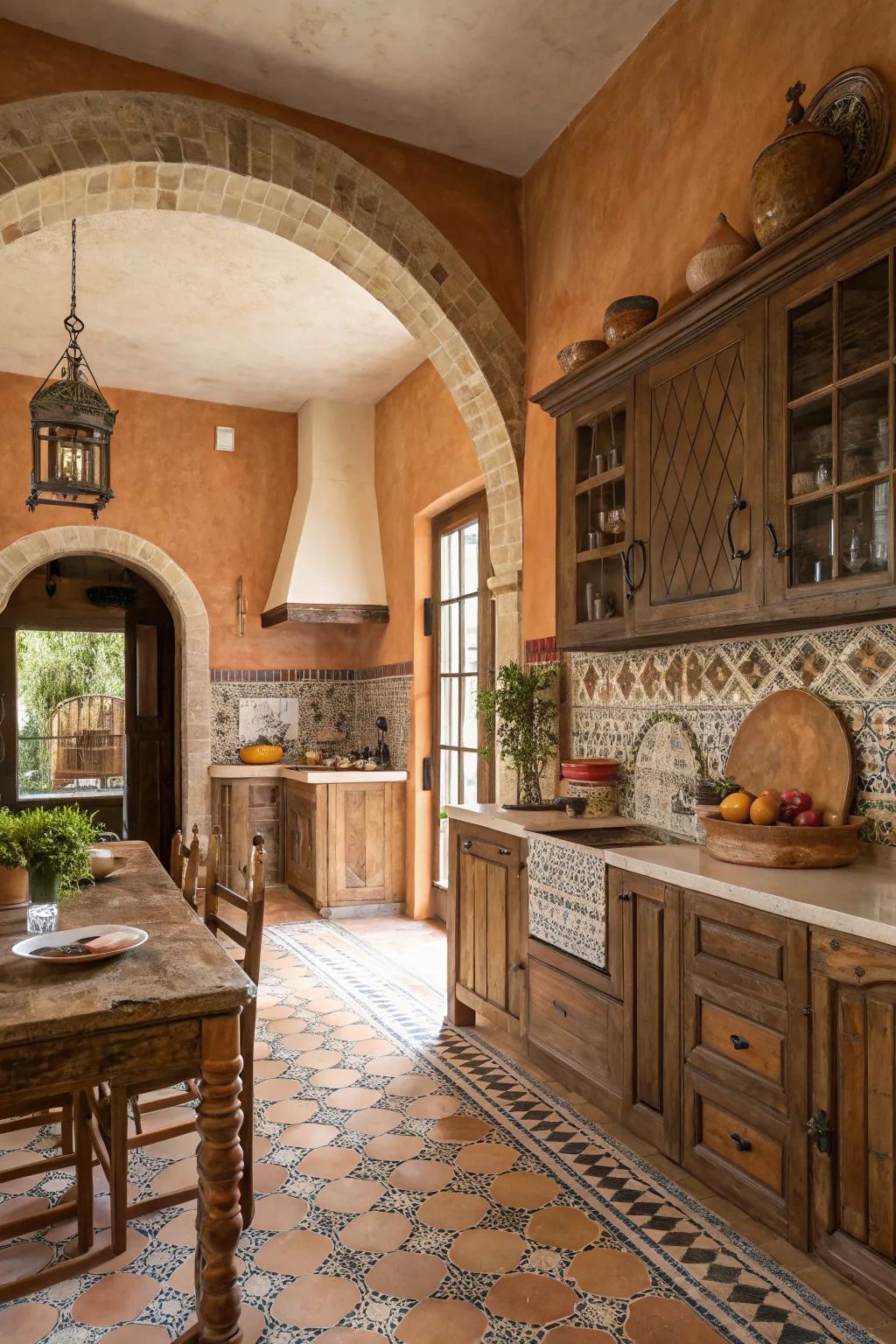 Inviting and natural shades establish a welcoming atmosphere in this Spanish cooking space.