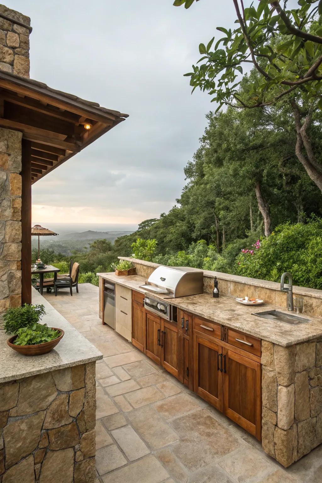 A captivating outdoor cooking space showcasing the beauty of stone and wood, nestled within a lush environment.
