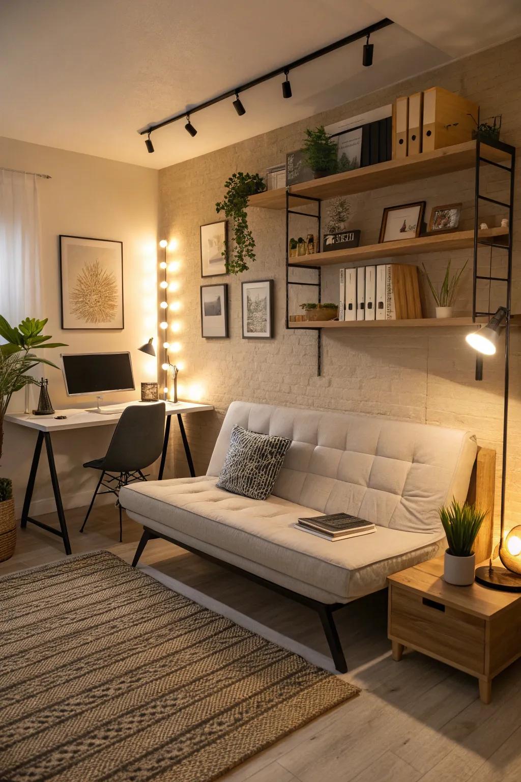 A refined convertible couch effortlessly merges office and guest spaces.