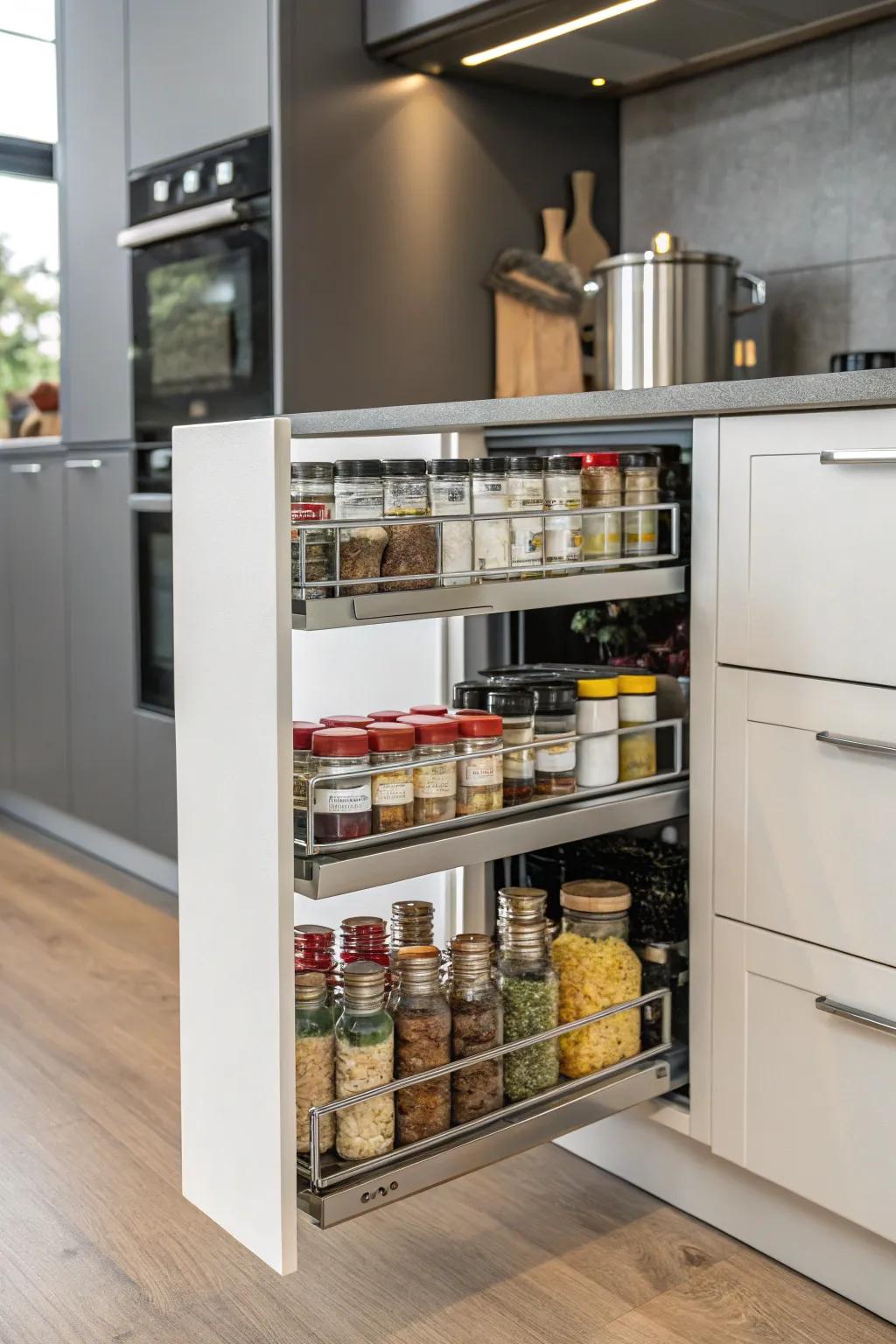 Extendable spice storage making spices easily accessible in a kitchen cabinet.