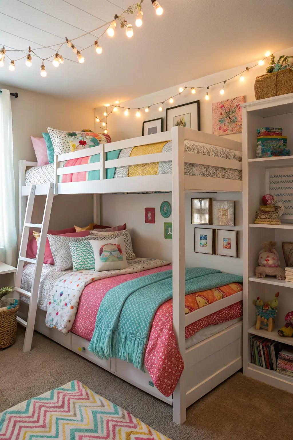 Inviting bedroom featuring space-efficient stacked sleeping arrangements and vibrant decor.
