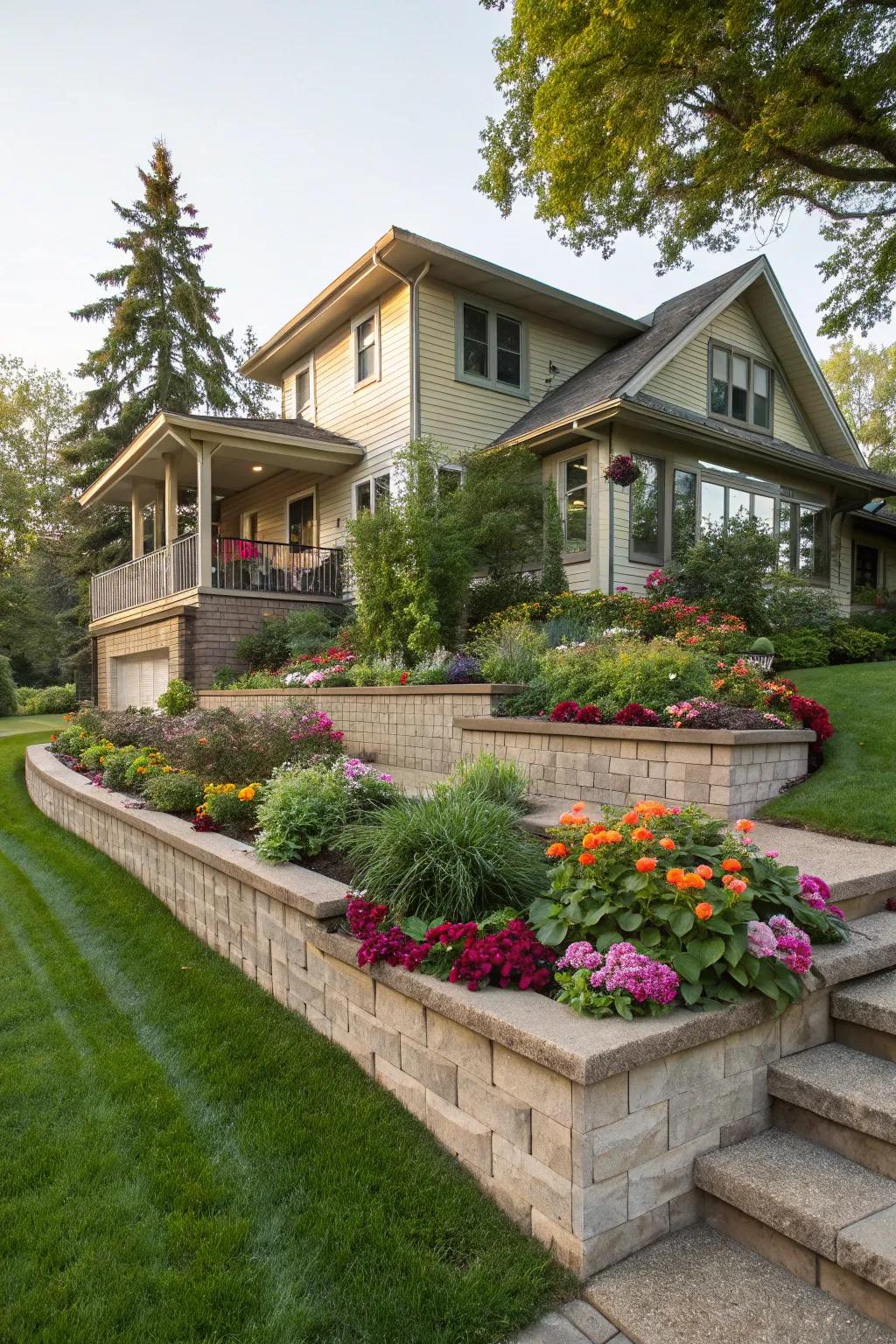 Graduated planting beds introduce depth and charm to your split-level house.