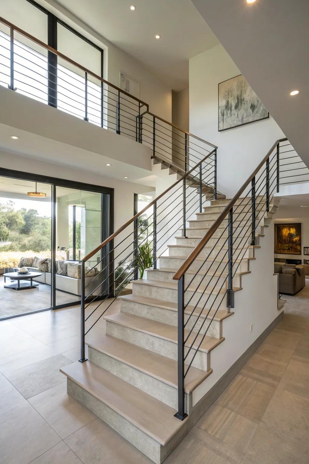 A minimalist staircase transforming the area with streamlined metal banisters.