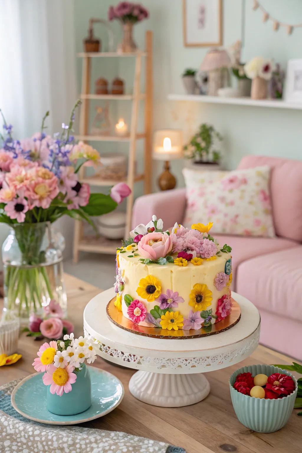 A floral-themed birthday cake capturing the essence of spring.