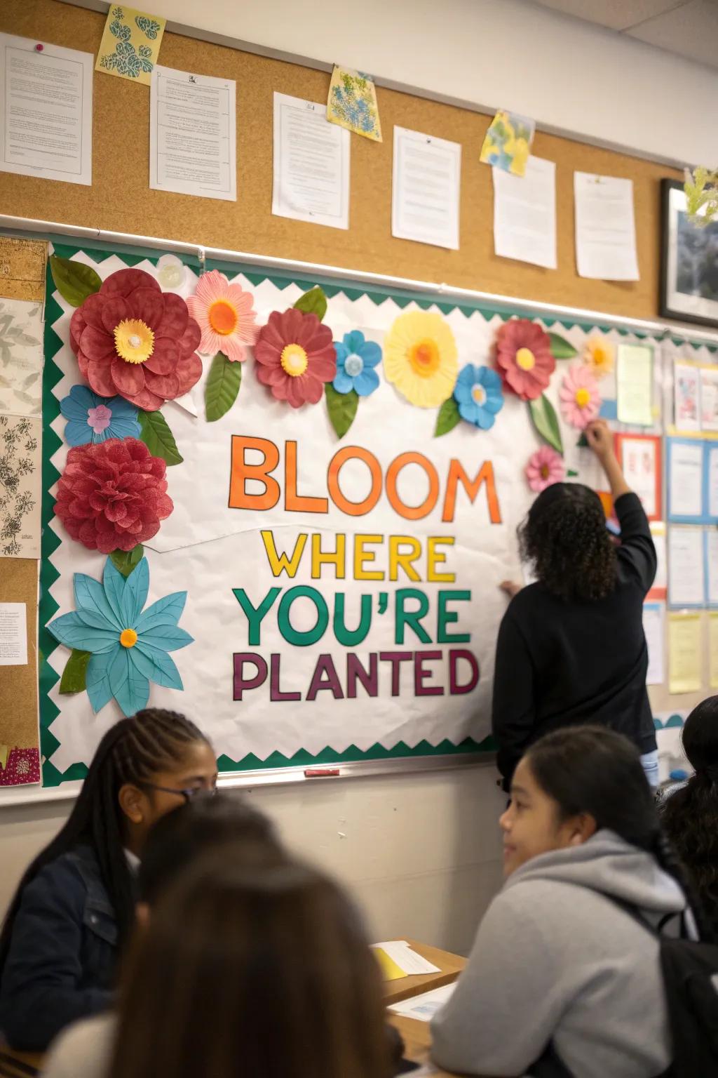 A bulletin board adorned with vibrant paper flowers and a motivational message emphasizing growth.