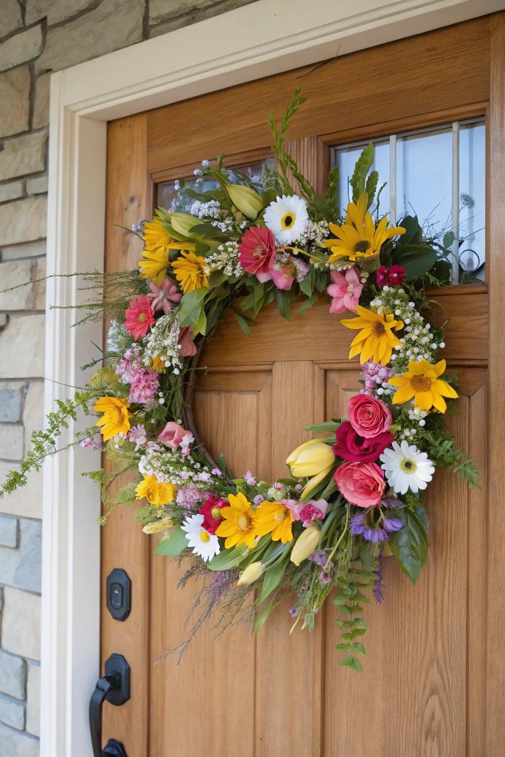 A vibrant floral circle introduces a cheerful element to any entrance, suitable for springtime.