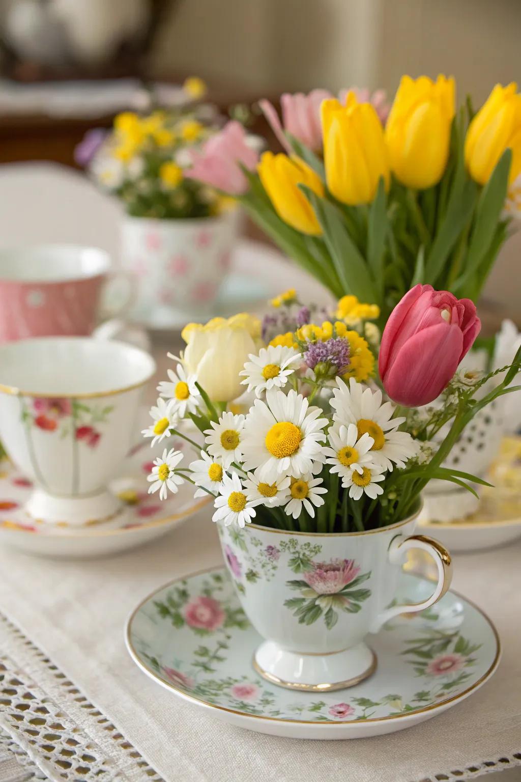 Floral teacup centerpieces introduce a whimsical accent to your tea party.