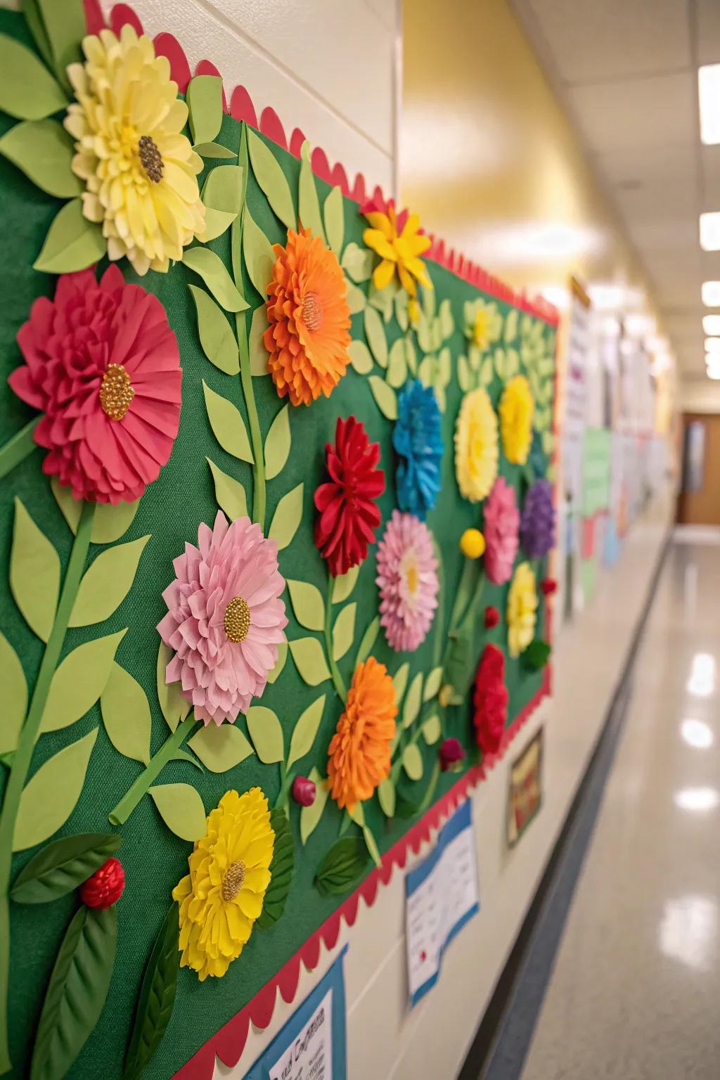 A bulletin board blossoming as a dynamic spring garden.