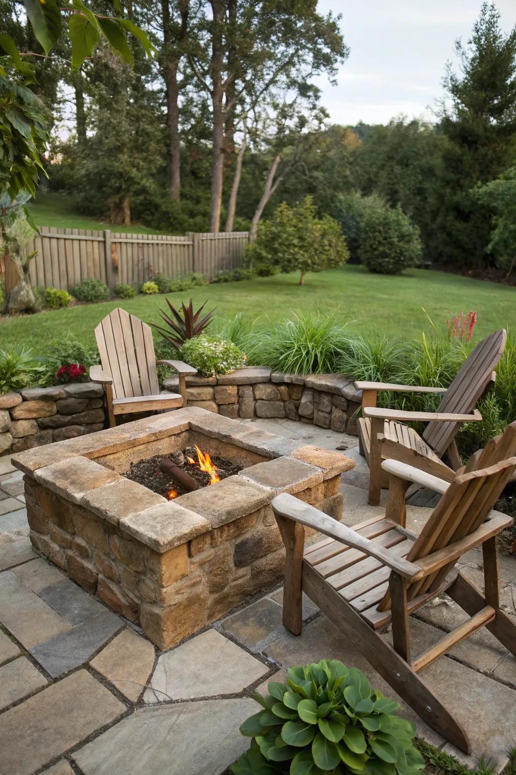 A country stone square fire pit infuses charm into any backyard setting.
