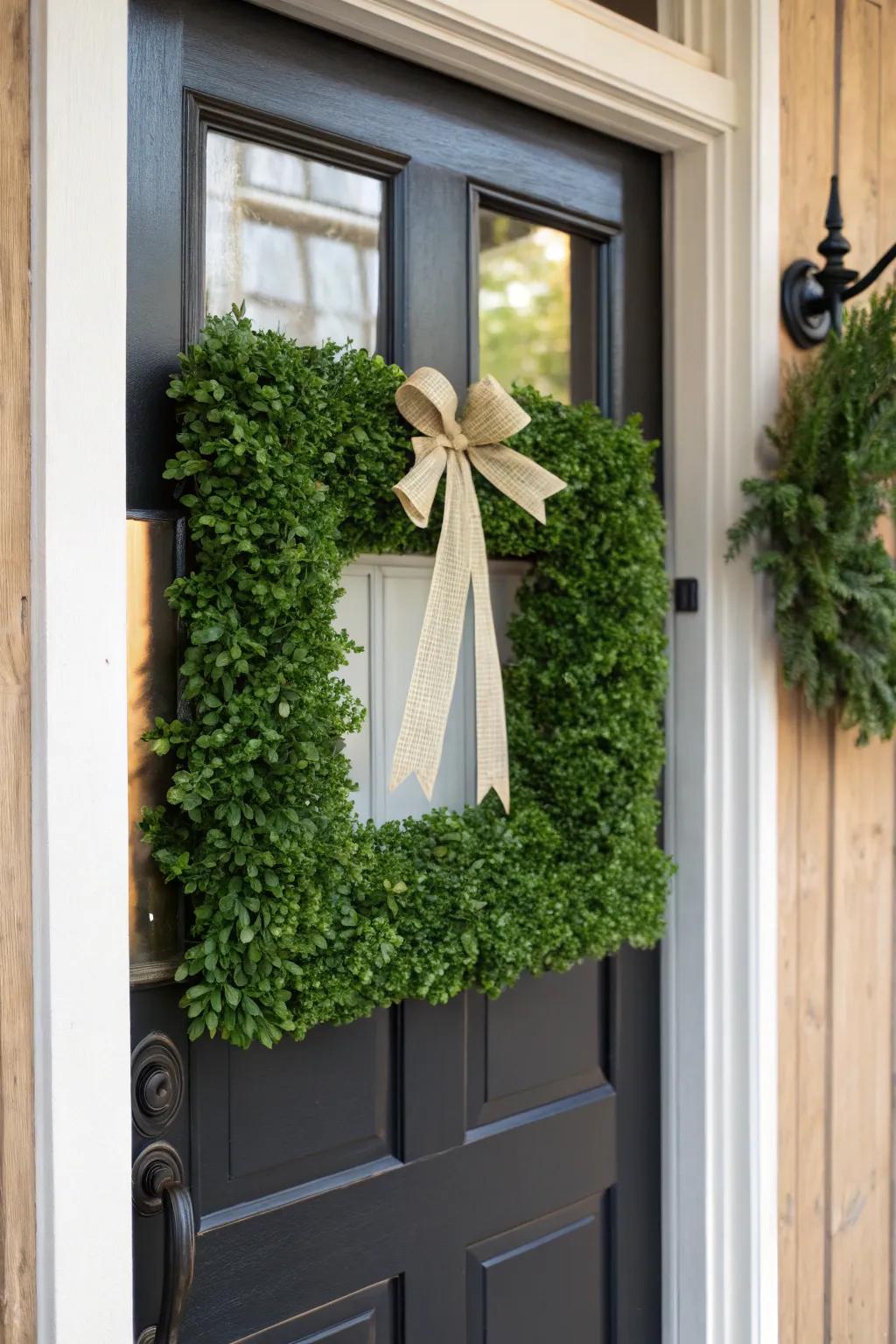 A classic boxwood square wreath brings a welcoming note to any entryway.