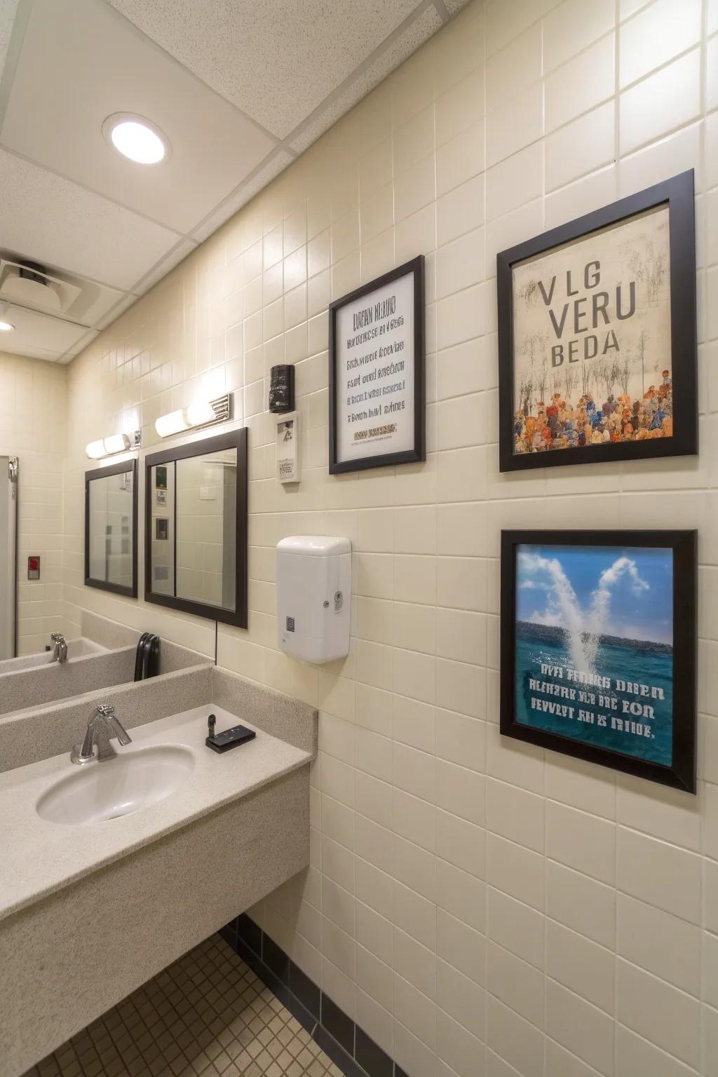 Framed motivational quotes on the walls of a workplace restroom add a positive element.