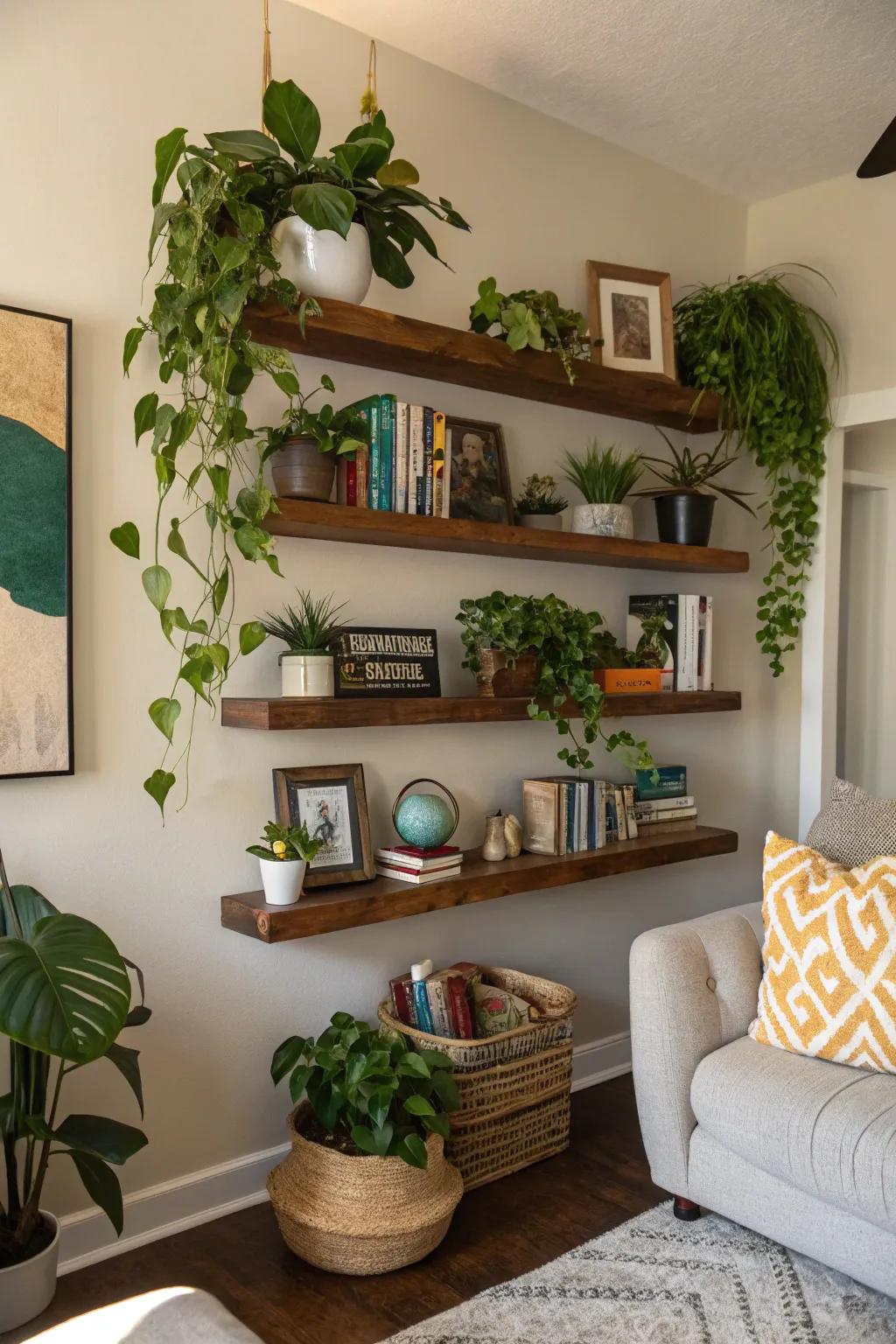 A verdant haven fashioned with staggered shelves and vibrant botanicals.