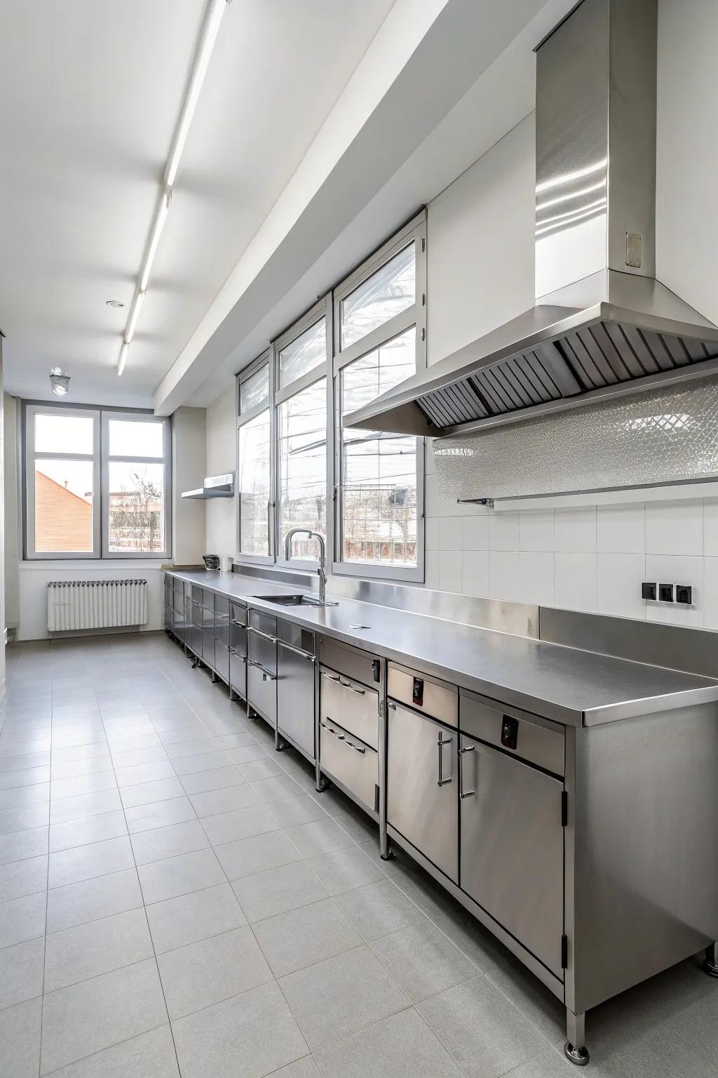 A minimalist kitchen where stainless steel elements enhance the modern aesthetic.