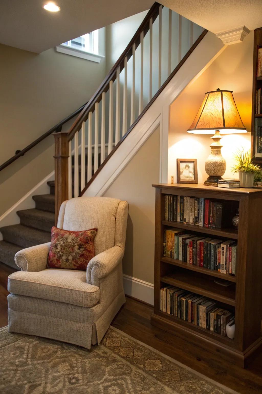 A comfy reading spot at the top of your stairs is the perfect getaway for people who love books.