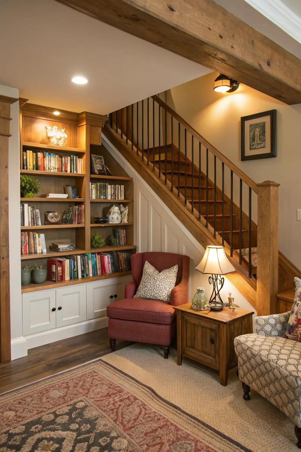 Create a personal library under your stairs with custom bookshelves.