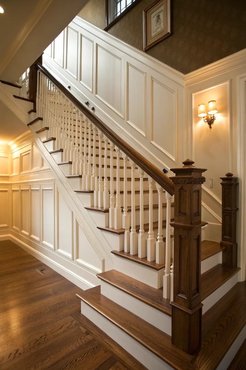 Classic paneling introduces enduring elegance to any staircase.