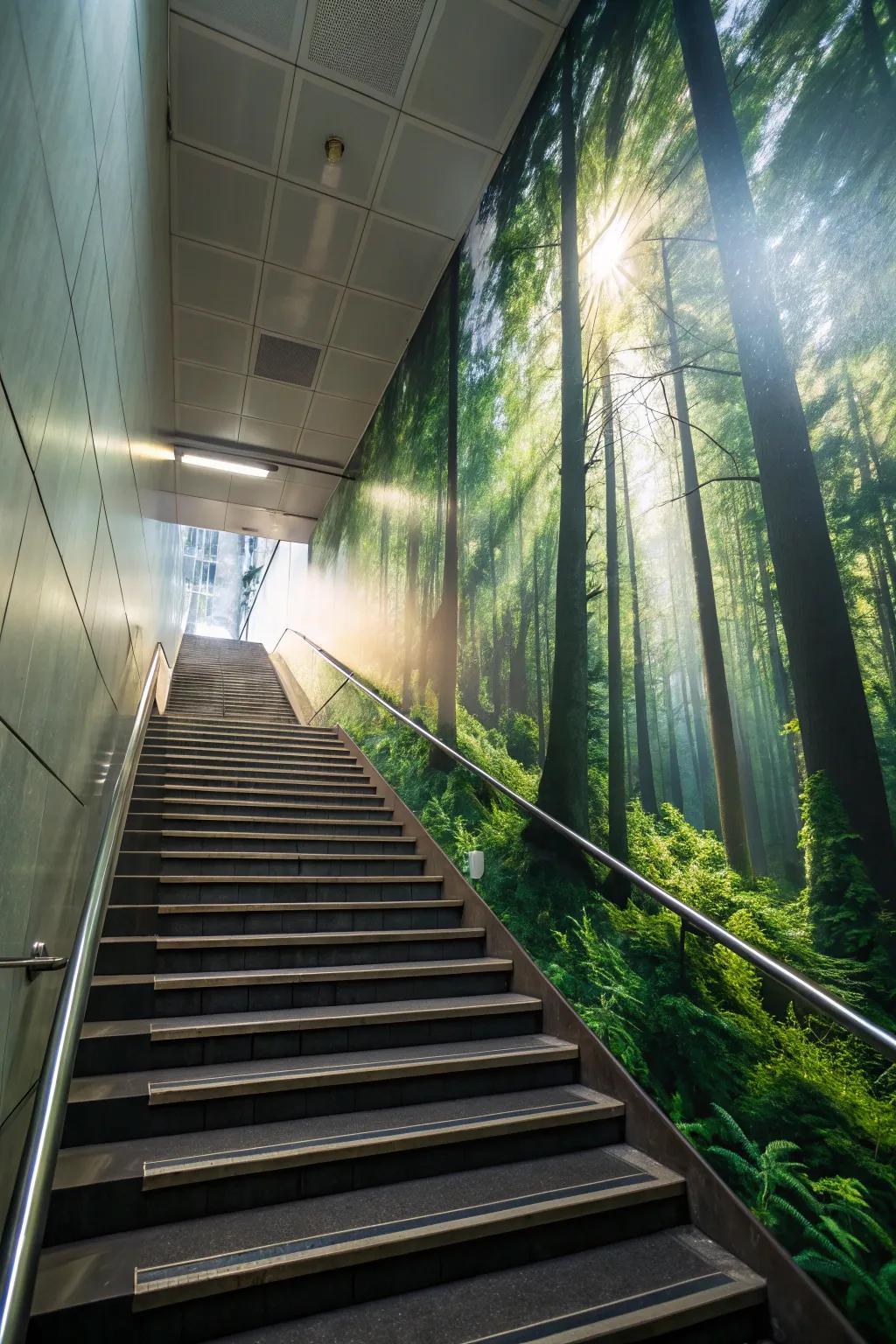 Immerse yourself in a daily forest walk with a mural filled with trees.