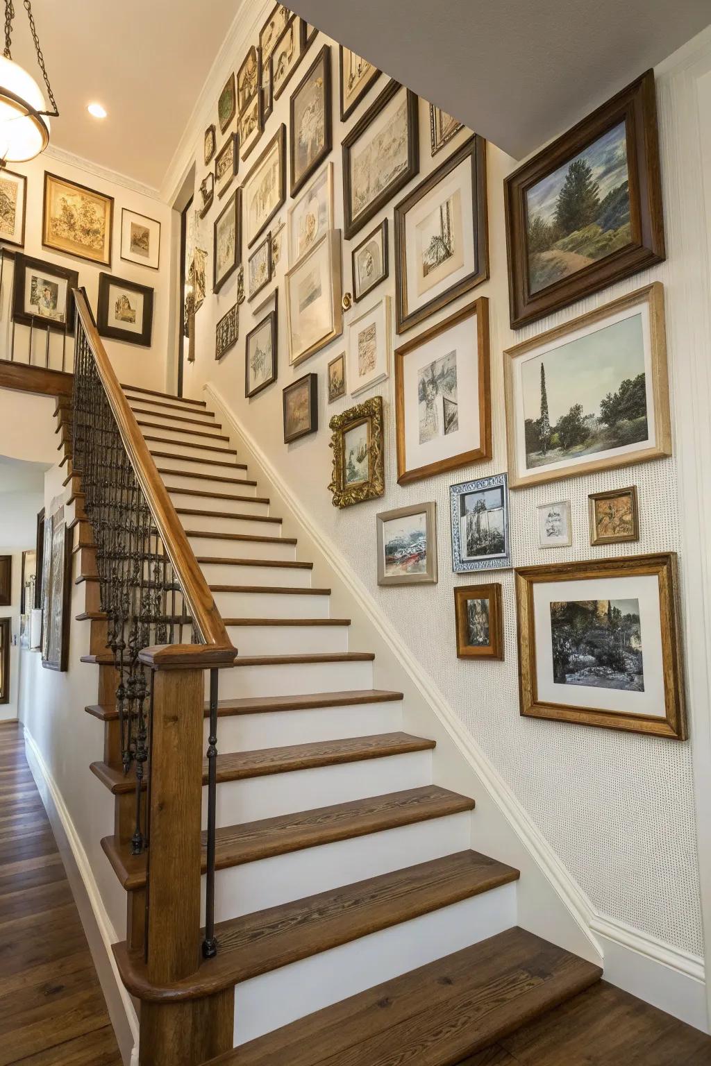 A variety of frames create a captivating gallery wall on the staircase.