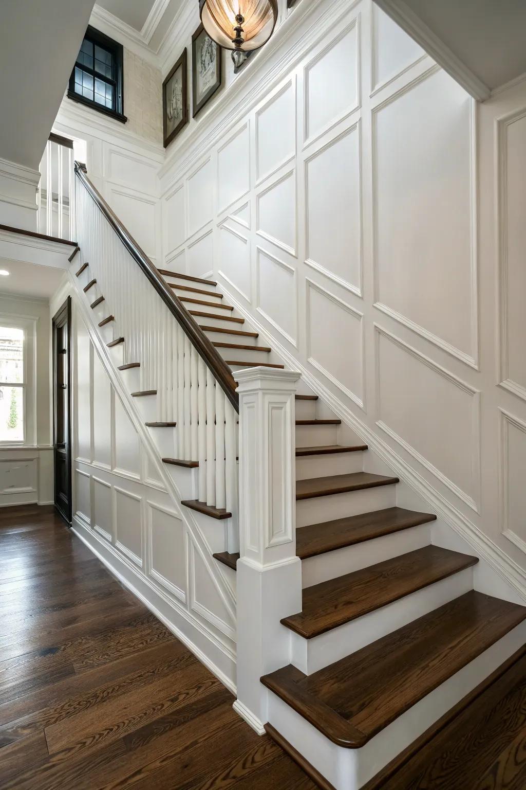 Timeless paneling introduces elegance and refinement to any stairwell.