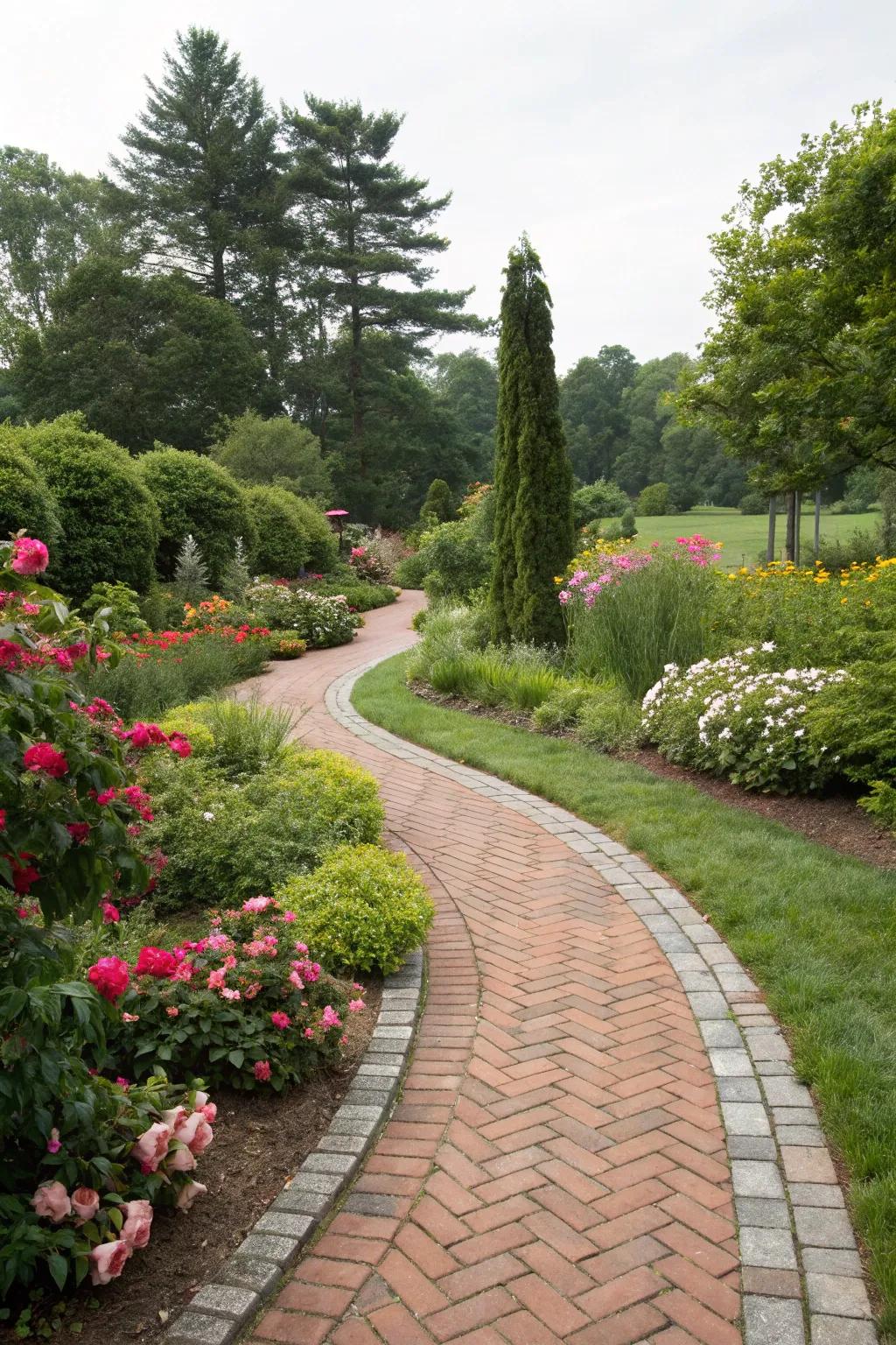 Delightful garden walkway featuring stamped concrete border with brick styling