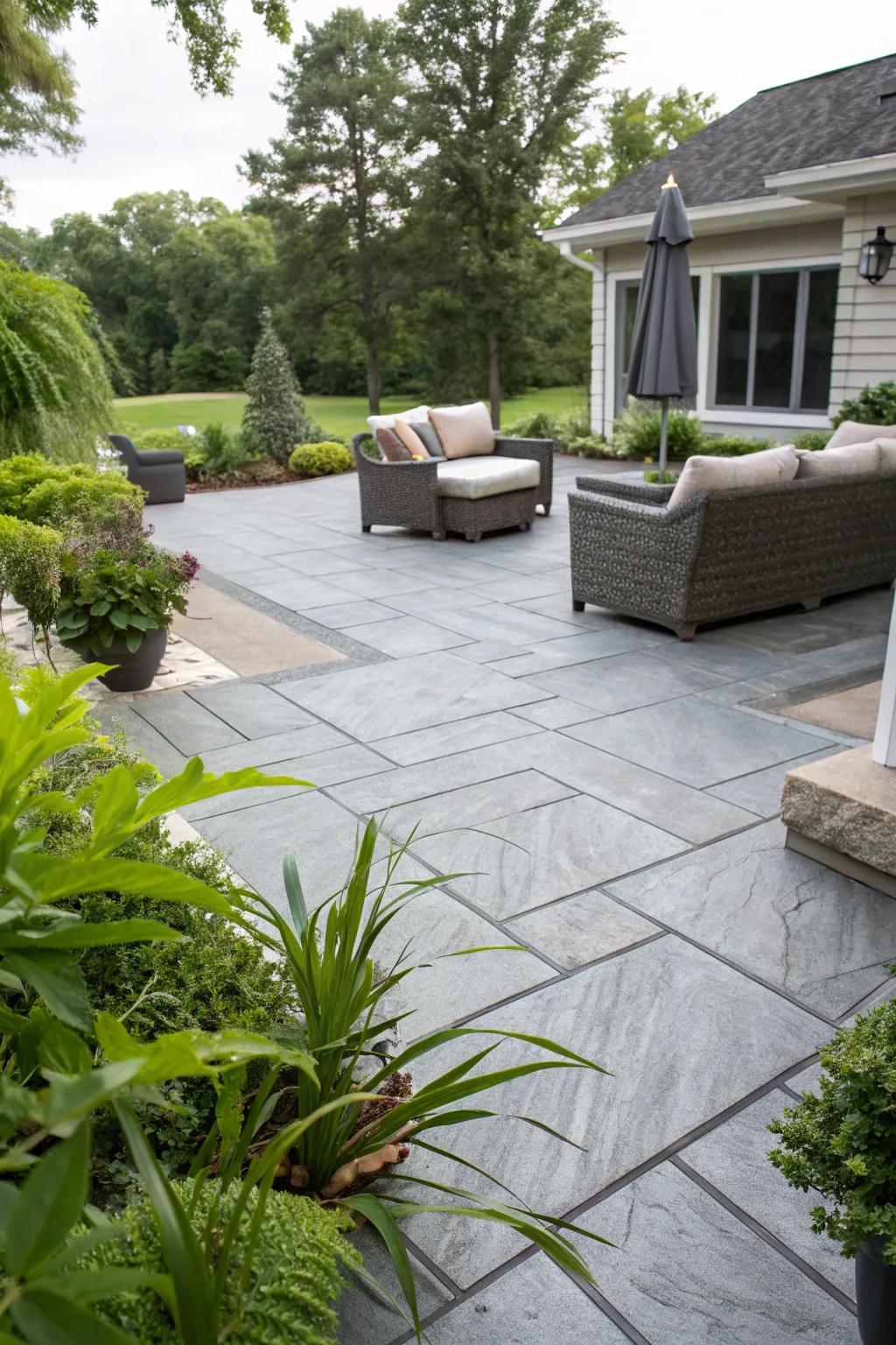 A stylish gray imprinted concrete terrace embodying contemporary refinement.