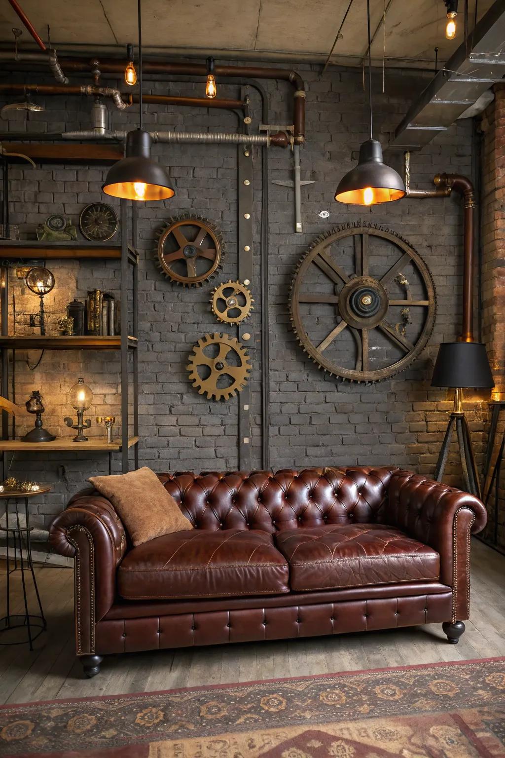 An opulent Victorian leather couch commands attention as the focal point of this steampunk living space.