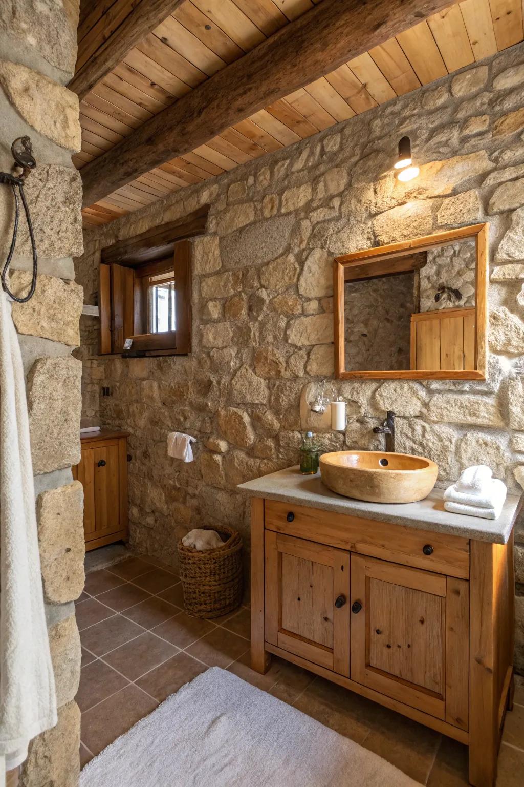 A country-style bathroom showcasing stone walls enhanced by the presence of cozy wood features.