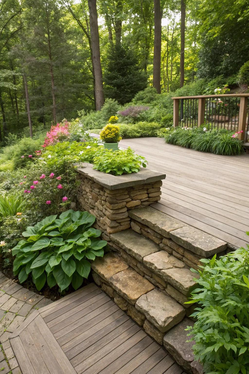 A deck that benefits from the elegance of stacked stone cladding, effortlessly complementing the surrounding foliage.