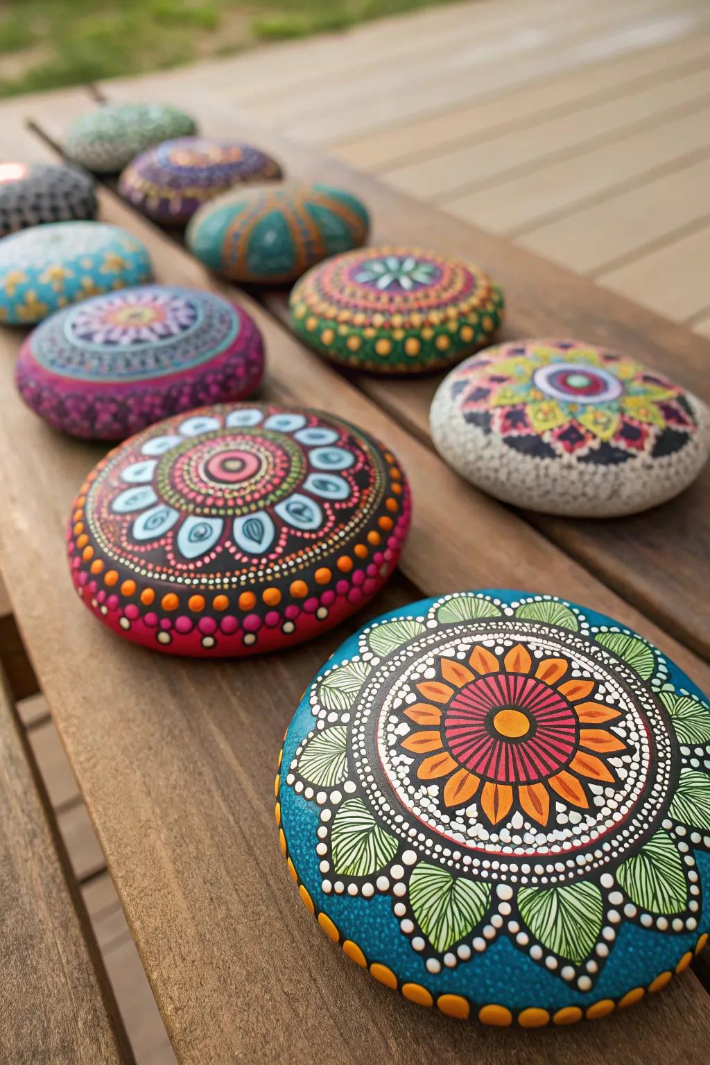 Vibrant mandala stones injecting a burst of color.
