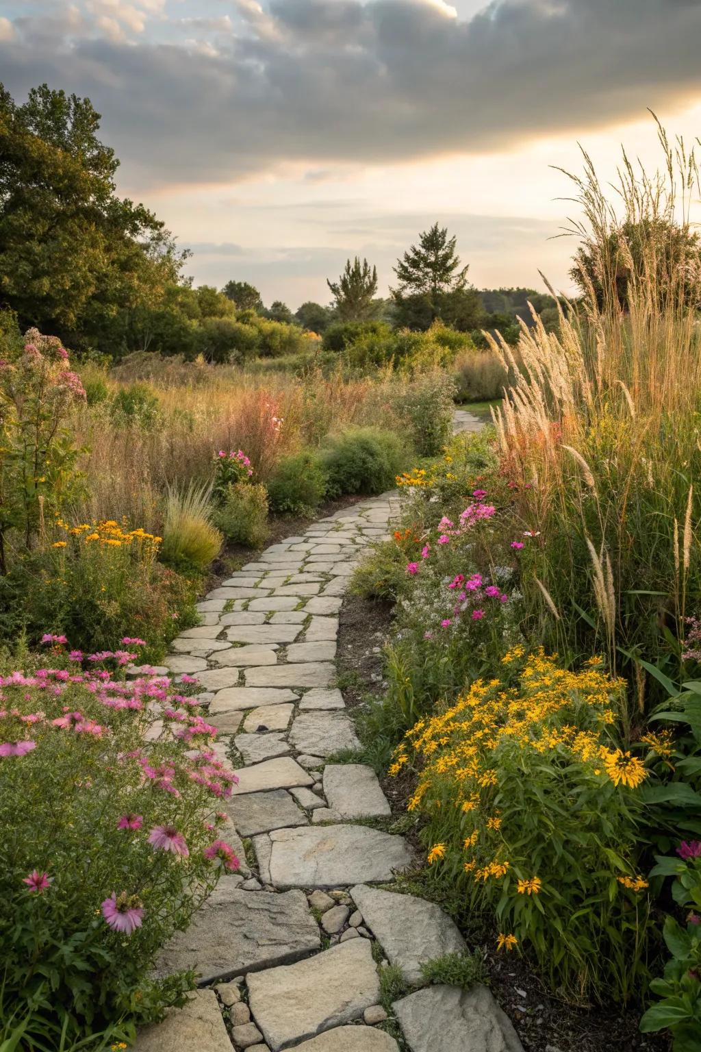 A country-style slate path gives a natural charm to any garden environment.