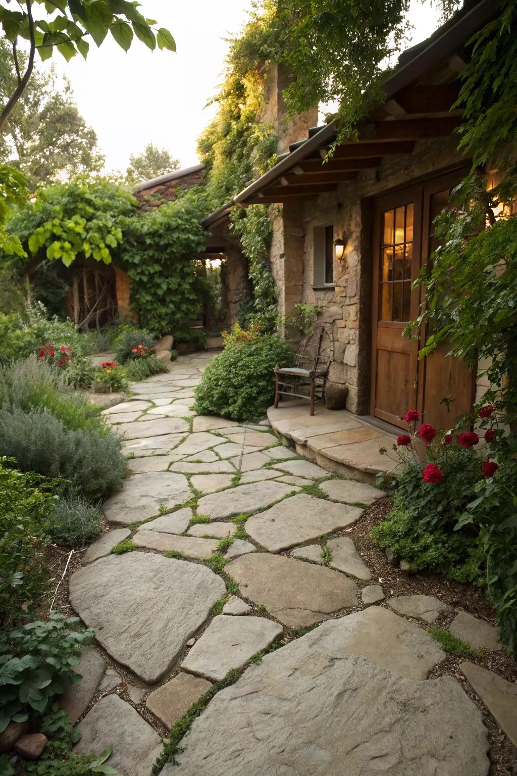 A rustic slatestone patio that blends seamlessly into its garden setting.