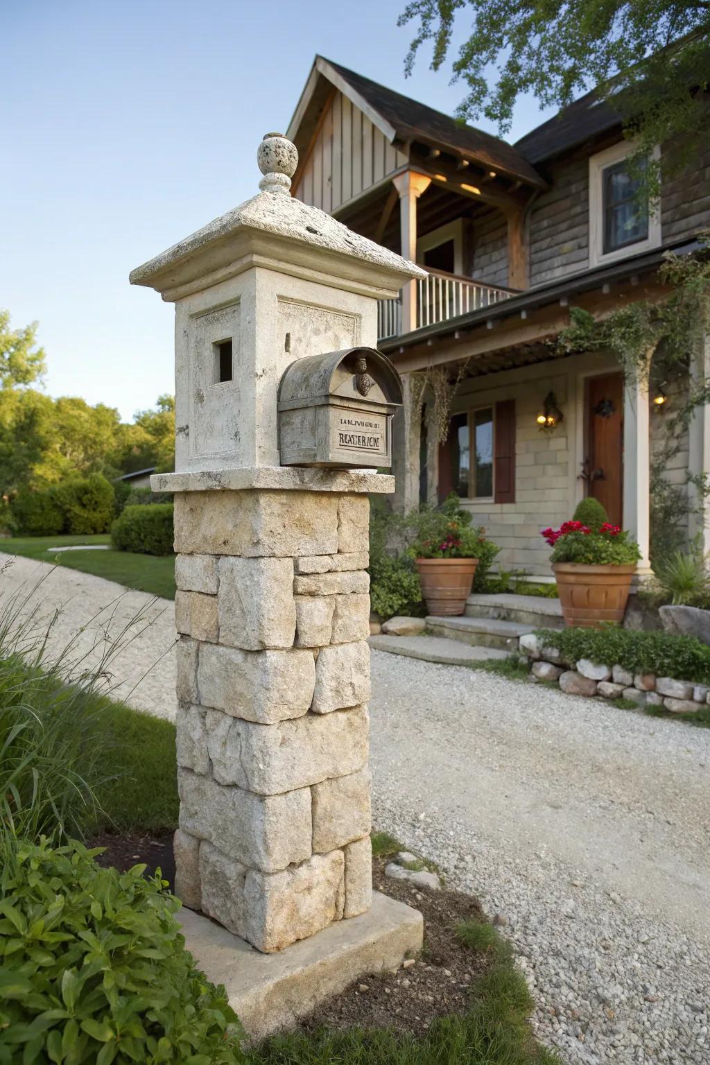 A delightful limestone mailbox pillar embodying rustic elegance.