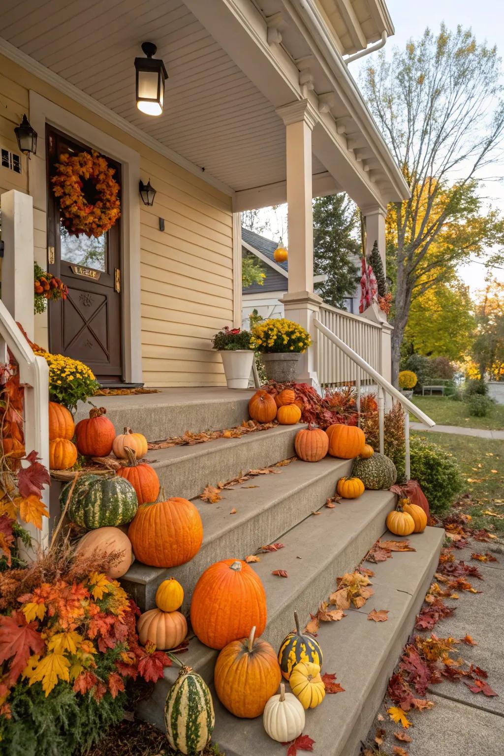 A welcoming stoop adorned with autumn elements.