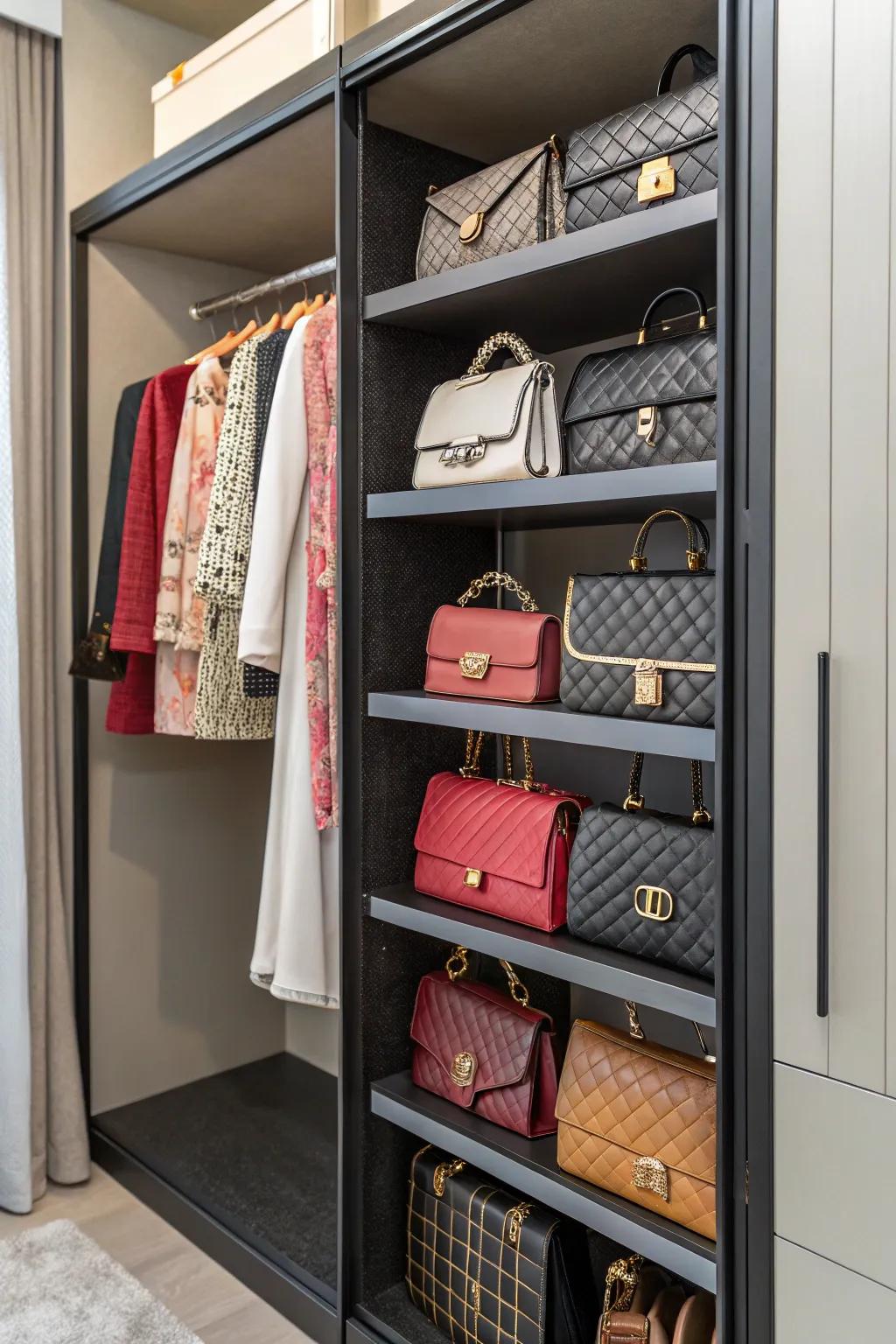 Adjustable shelving units showcasing a diverse array of handbags.