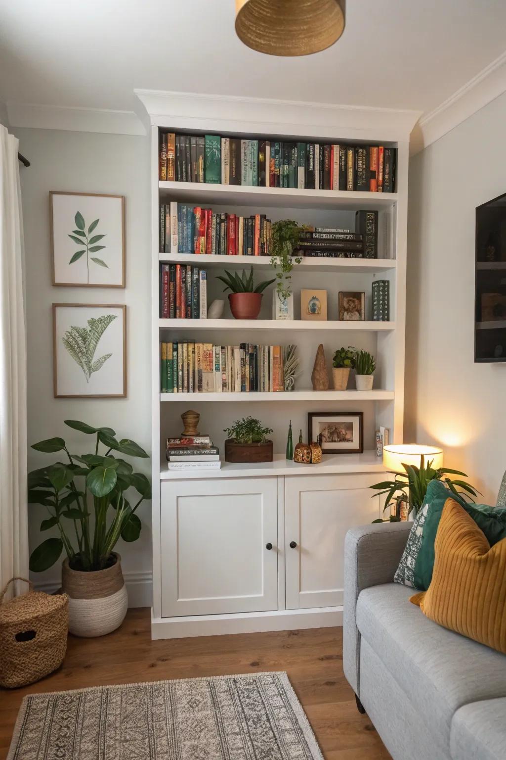 Custom wall shelves adorned with books and decorative pieces.