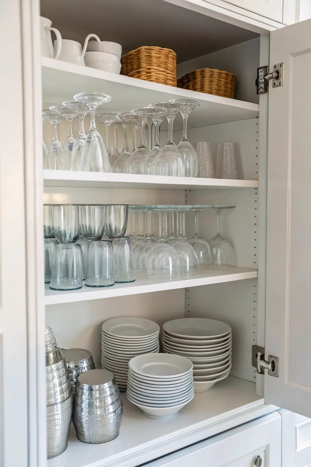 Cupboard storage helps maintain orderly and hidden glass arrangements.