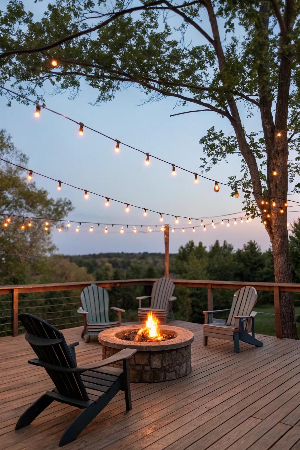 Twinkle lights in a crisscross pattern establish a celebratory atmosphere.