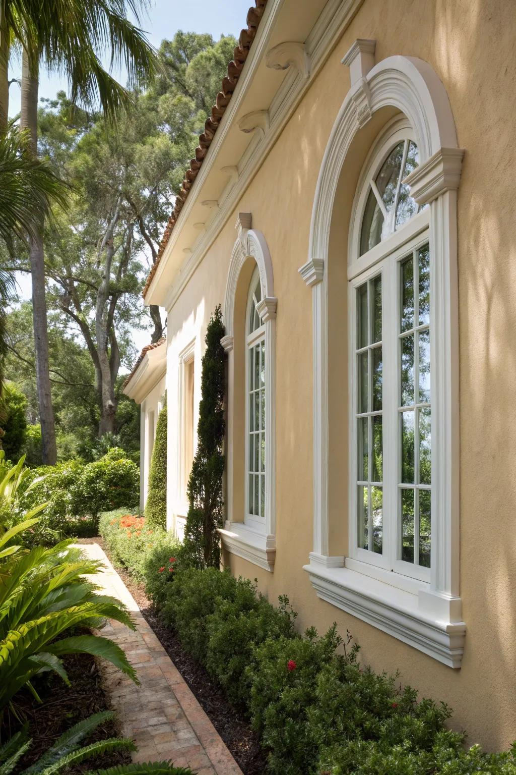 Timeless white trims enhance the sophistication of this Mediterranean-inspired stucco home.