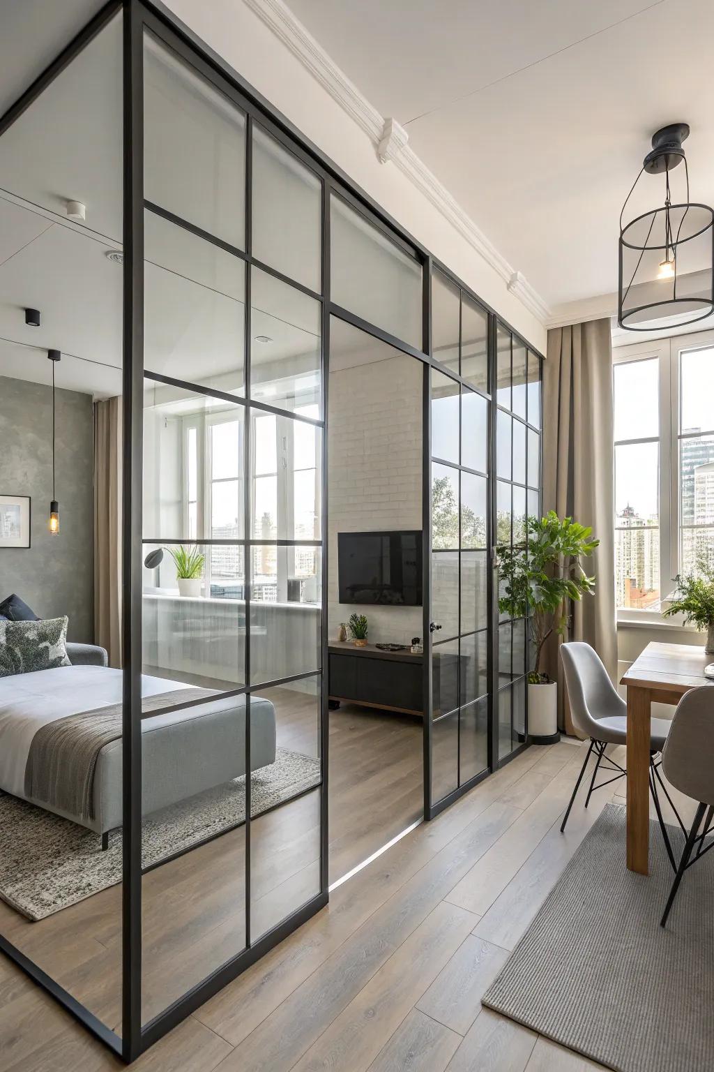 Clear panes elegantly separate a studio and keep the room bright.