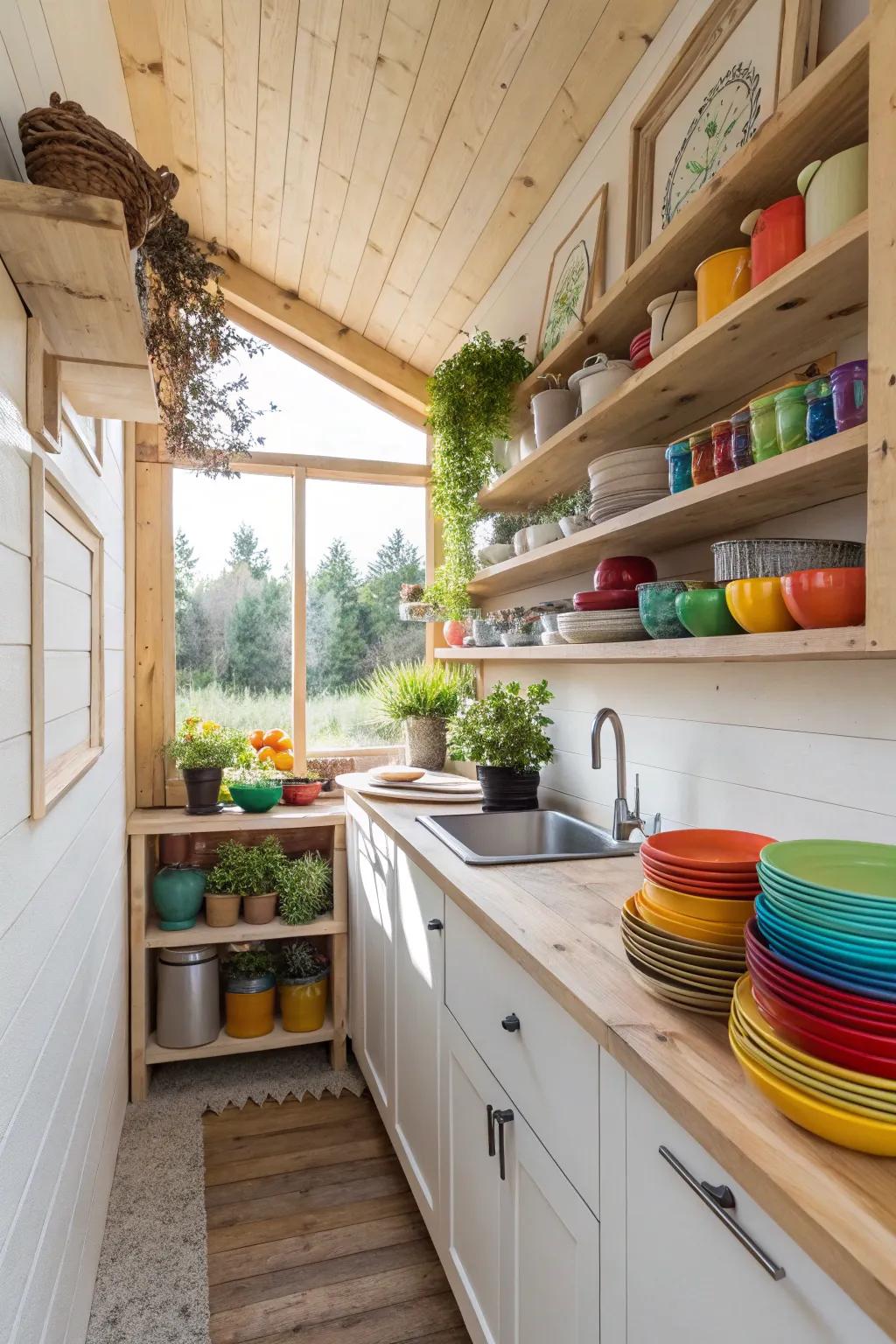 Open shelving introduces both flair and utility to a studio kitchen.
