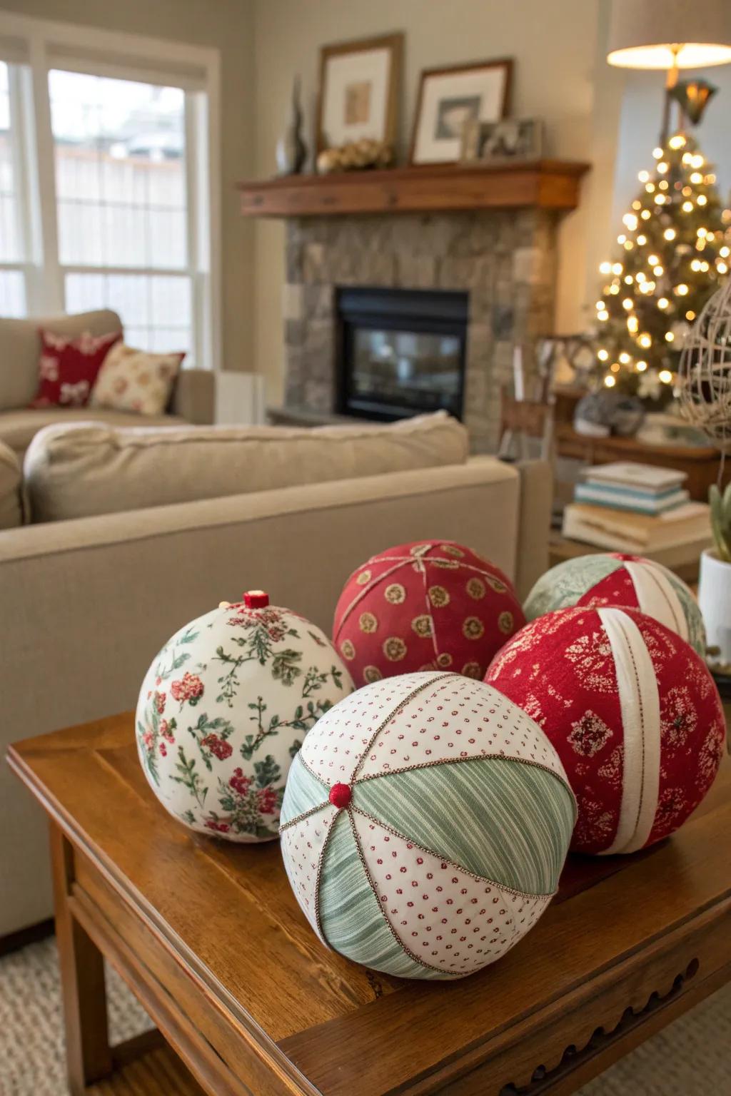 Sophisticated fabric-adorned polystyrene sphere ornaments introduce a personalized element.