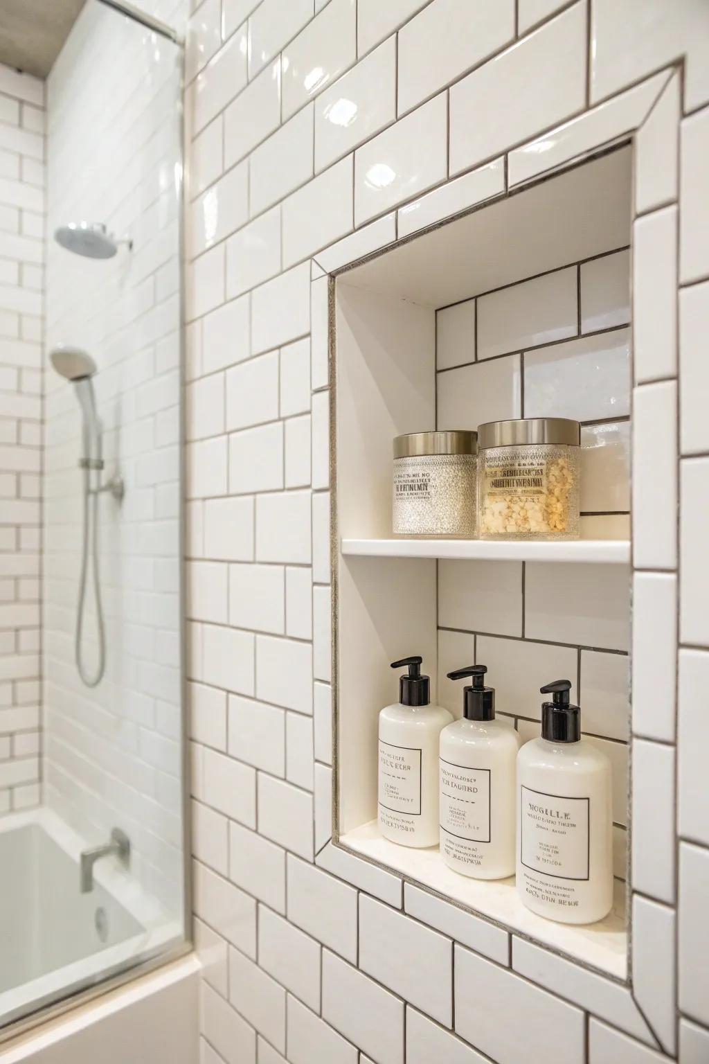 A classic shower niche highlighted with white brick-style tiles.