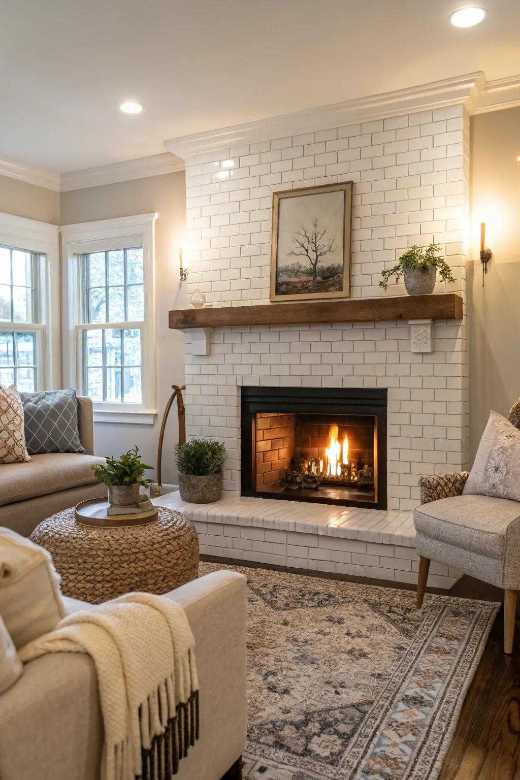 A timeless white rectangular tile fireplace introduces enduring sophistication to any area.