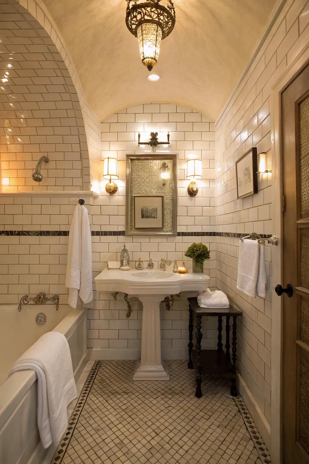 Traditional white standard tiles give the bathroom a timeless, fresh appearance.