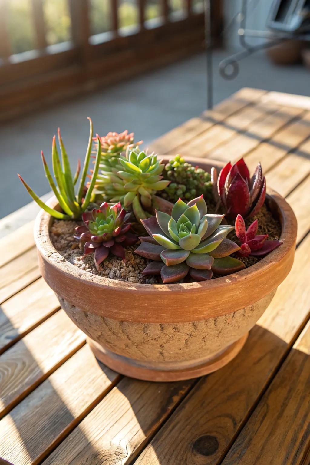 A timeless container filled with a vibrant array of succulents.
